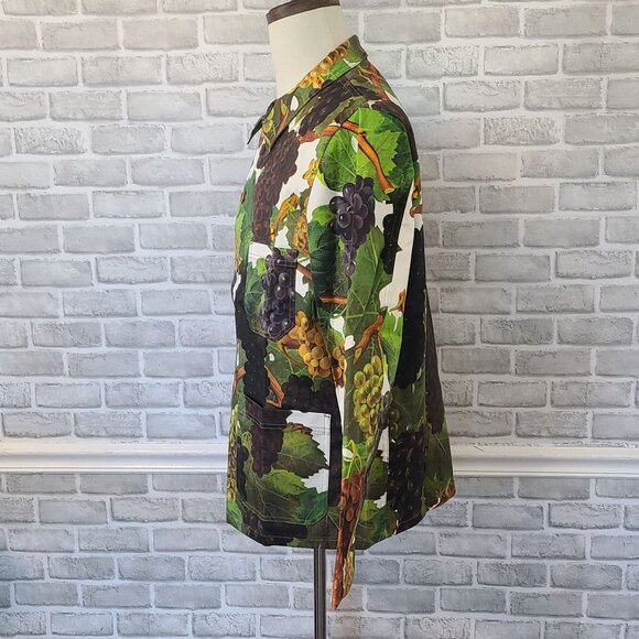 Flan Labs Printed Denim Jacket Men M Green Grapes Button Up NEW Art to Wear $495 - Picture 3 of 11